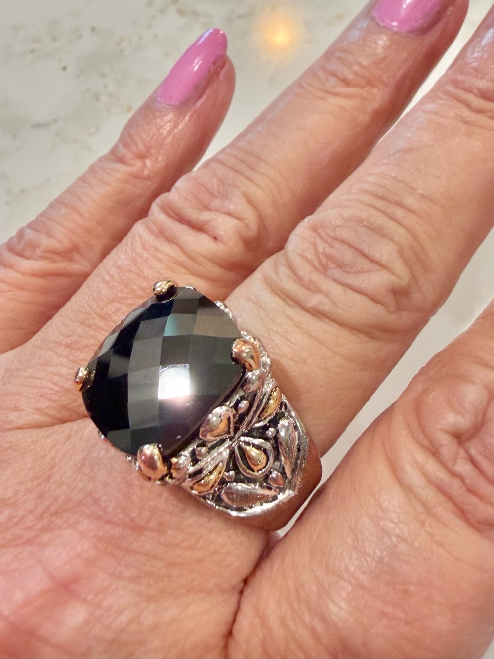 Vintage Unidex 18K GE Black CZ Stone Gothic Renaissance Statement Ring SZ 8